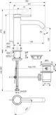 Ideal Standard Wasserhahn mit Einhebelmischer, Abflussgarnitur und chromierter Oberfläche. Technische Zeichnung zeigt Abmessungen und Installationsdetails.